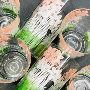 Mid Century Pastel Pink to Green Ombre Daffodils SET of 6 Water Juice Glass